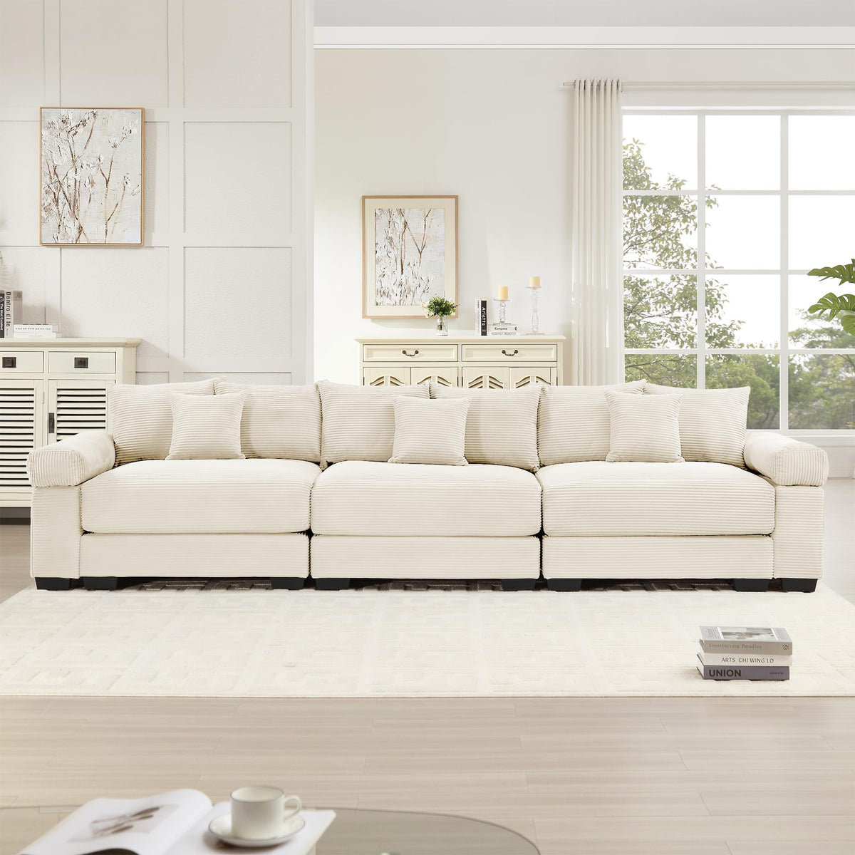 130" Oversized Modular 3-Seater Sectional Sofa, Cloud Corduroy Fabric with Extra-Thick Armrests, Ergonomic Deep Seat Couch for Living Room, Easy Assembly Sofas for Living Room(Cream)