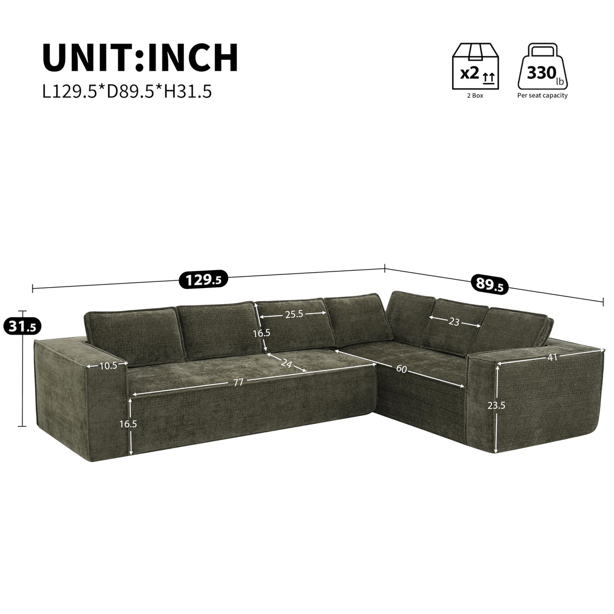 130" Ultra-Thick Chenille Modern Minimalist Style Modular Sectional Couch, Convertible Modular Cloud Sleeper Sofa, Modern Boneless Compressed Floor Sectional Sofa for Living Room, Green