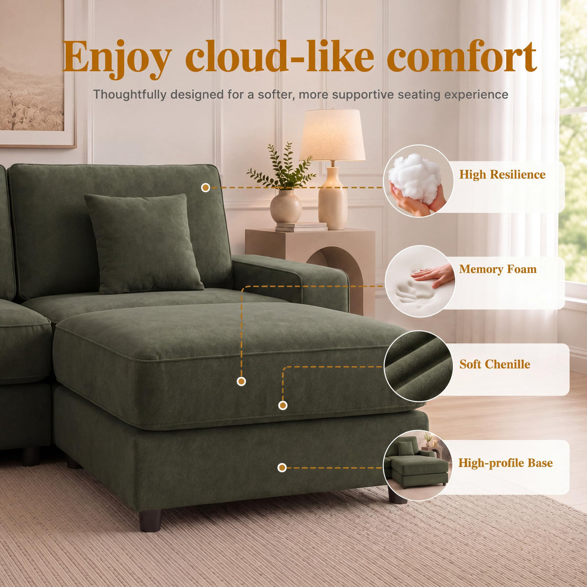 Vipbear 114" Modular Sectional L Shaped Sofa Couches,for Living Room,Oversized Cloud Couch with Movable Ottoman,Comfy Chenille Sofa with Pillow,Side Pockets,Bedroom,Apartment,Green