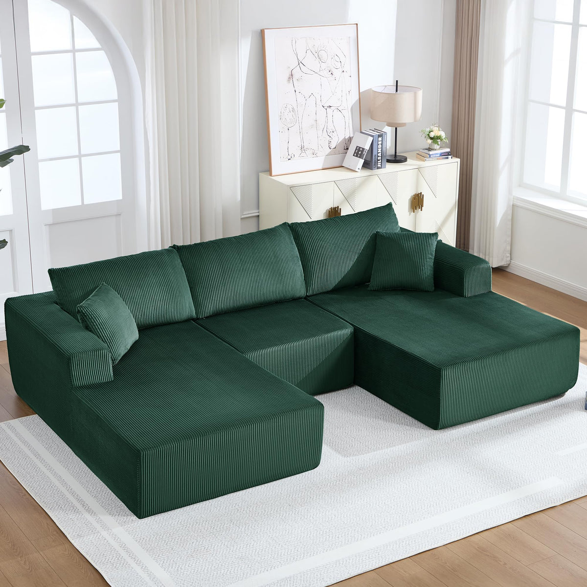 U-Shape Sectional Couch for Living Room,4 Seater Boneless Sofa Couch for Living Room Bedroom Apartments,146" Modular Sectional Corduroy Couch with Deep Seat,No Assembly Green