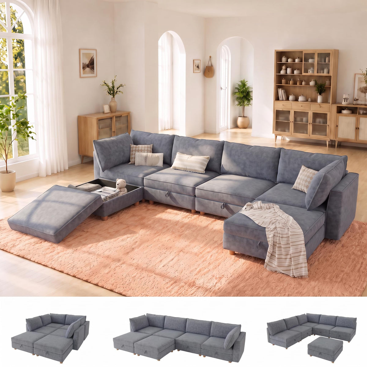 128'' Modular Sectional Sofa,8 Seat Chenille Sectional Sofa with Washable Covers,FSC Certified Modern Sectional Sofa with Storage & Ottoman,Convertible U/L Shaped Couch,Beige Couches for Living Room