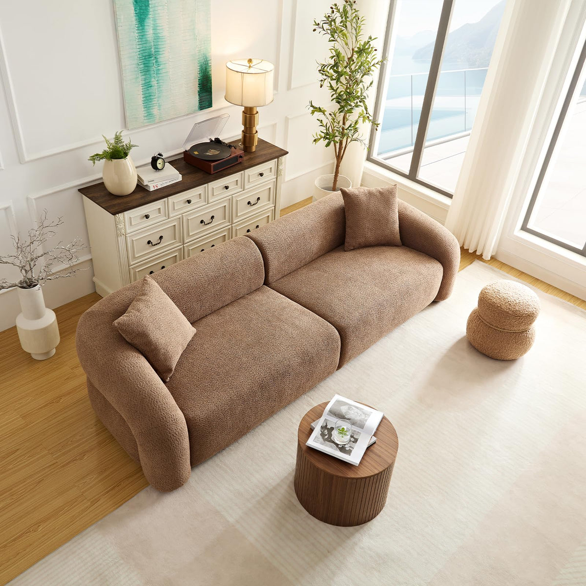 103.5” Sectional Sofa, Modern 3-Seater Boucle Fabric Couch, Comfy Oversized Modular Couches for Living Room, Office, Apartment (Camel)
