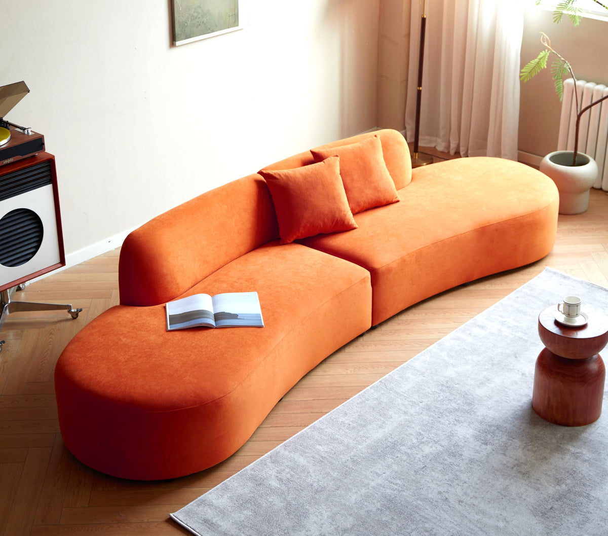 WILLIAMSPACE 132" Oversize Curved Sofa Couch for Living Room, Modern Luxury 2 Pieces Upholstered Cloud Sofa Curved Couch with Half Moon Design, Velvet 6 Seater Sofa for Apartment, No Assembly, Orange