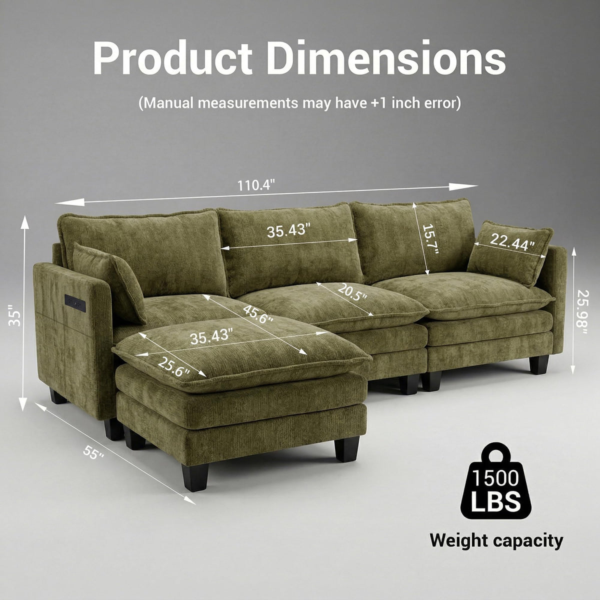 107.9" Modular Chenille Sofa, 3 Seat Cloud Couch with Movable Ottoman, Modern Deep Seat Couch with USB Ports & Side Pockets for Living Room Apartment (Green)