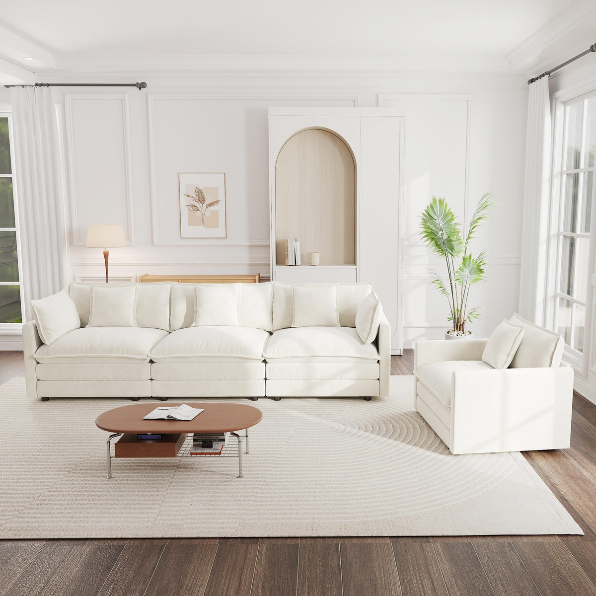 White Modular Sectional Sofa 3-Piece Set, Modern Deep Seat Chenille Couch, Loveseat, Single Sofa, Oversized Modular Couch for Living Room