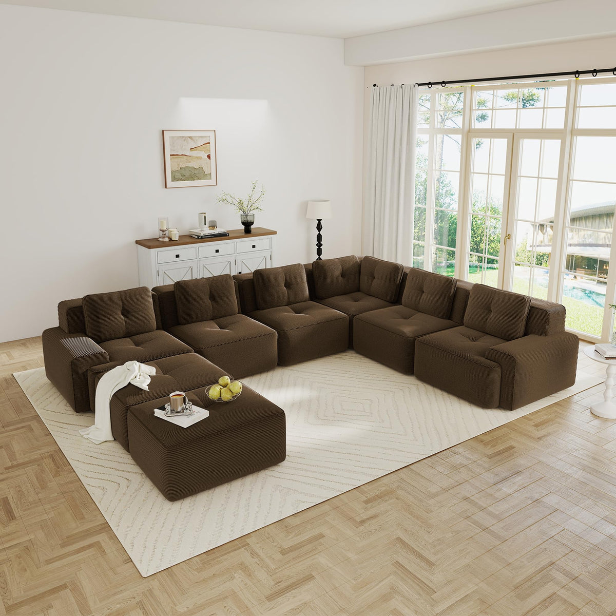 115.3” Camel Boneless Couches for Living Room, Modular Sectional Sofa with L-Shape Chaise, 3 Seater Comfy Upholstered Deep Seat Corduroy Fabric Cloud Couch No Assembly, Anti-Slip Design