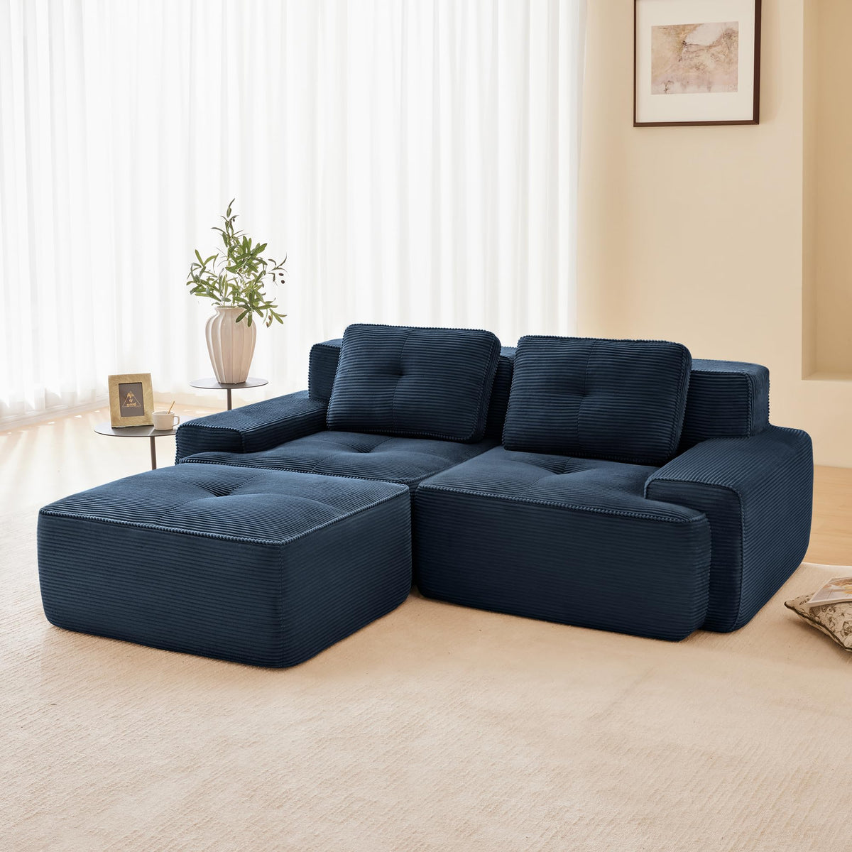 Tidyard 8? Modern L-Shaped Modular Sectional Sofa for Living Room, Corduroy Fabric 2-Seater with Movable Ottoman, Deep Seat, Tufted Design, No Assembly, Anti-Slip Base, Blue