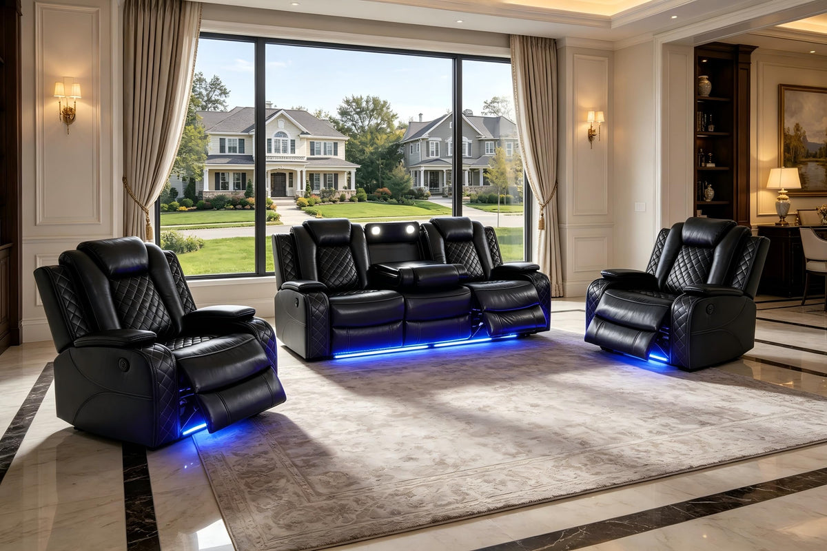 A Ainehome Power Leather Recliner Sofa Set with LED Lights, Recliner Sofa Sectional Couches for Living Room, Reclining Sofa, loveseat, Chair with USB Port/Storage Console/Cup Holder(black,3-piece set)