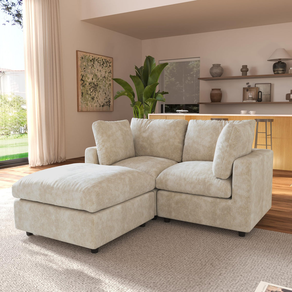 120" Cloud Couch Chenille Sectional Sofa for Livingroom Beige