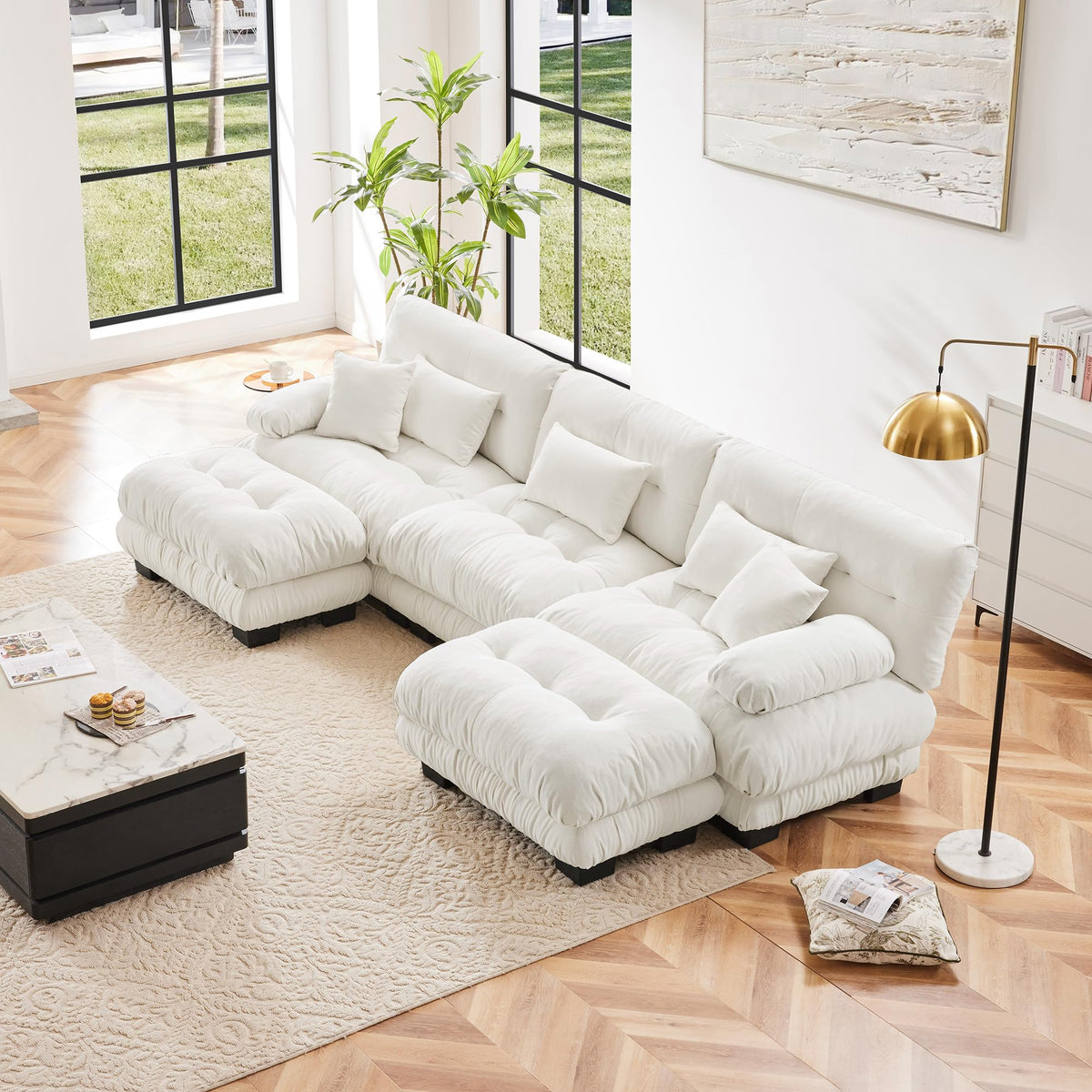 134" Oversized 3 Seater L Shaped Modular Sectional Sofa, Large Sectional Couches for Living Room, Chenille Cloud Couch with Pillows, Living Room Deep Seat Sofas with 3 Seats & 1 Ottoman, Pink