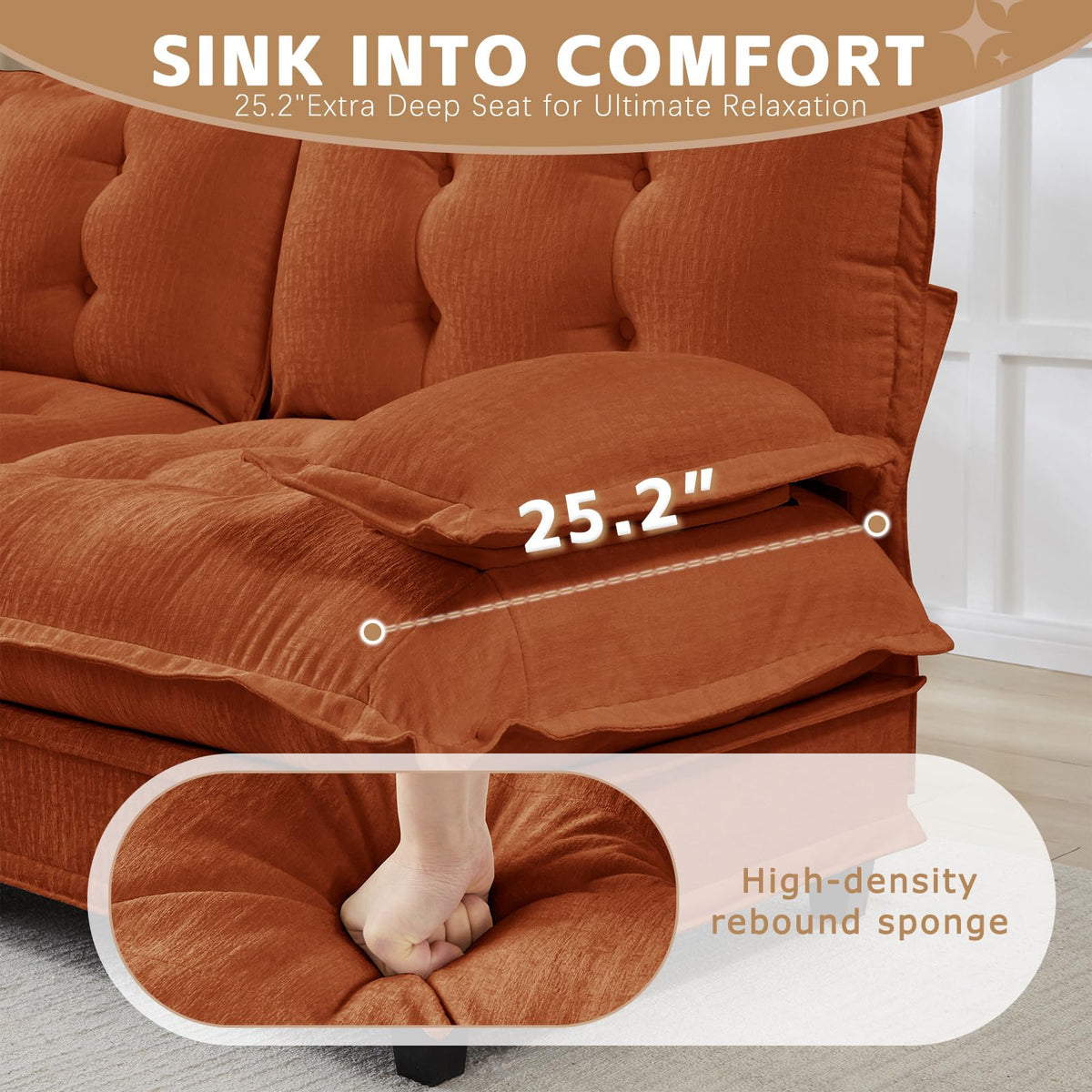 107.5" Modular Sectional Sofa-Chenille Deep 3 Seater L-Shaped Cloud Couch with Ottoman, Button Seat Cushions for Living Room & Apartment, Orange