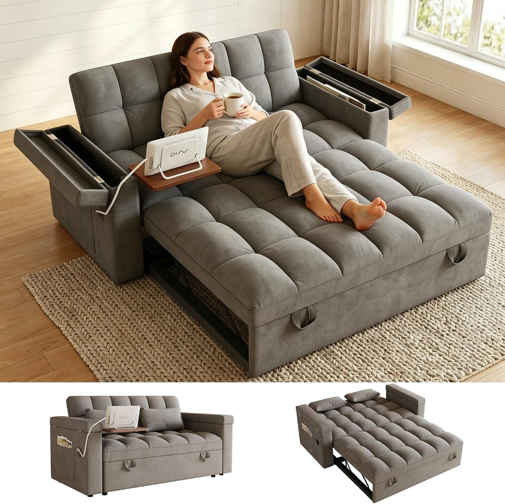 100" Modular Sectional Sleeper Sofa with Pull Out Bed/Side Table/USB Charging/Storage Chaise, Comfy Convertible Cloud Couch, U Shaped 7 Seat Corduroy Sofa with Cup Holders,Green