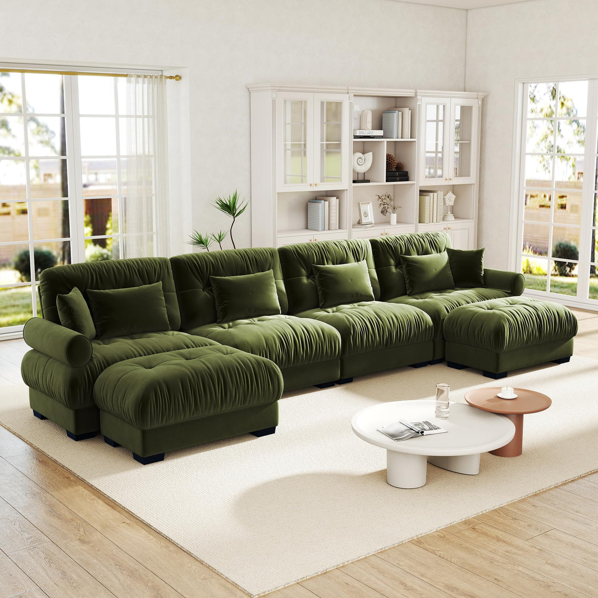 Velvet Modular Sectional Sofa,130" W Oversized U Shape Cloud Couch with 2 Ottomans,Free Combined 3 Seater Comfy Sofa with Bolster Armrest Pillows,Green for Living Room