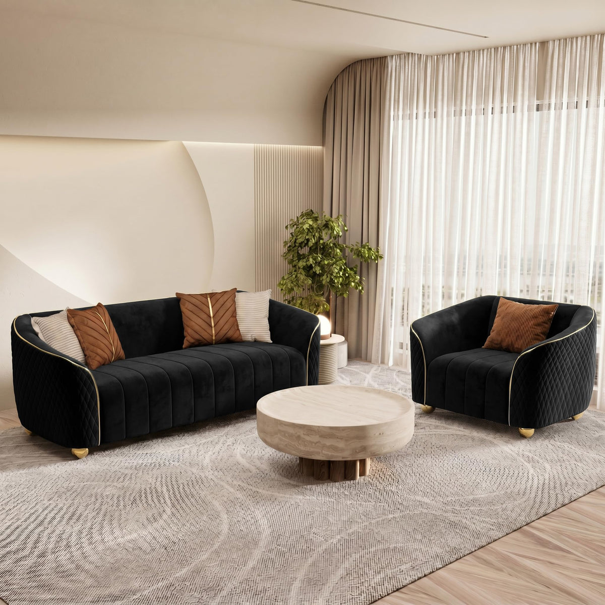 1-Piece Luxury Velvet Sofa Set for Living Room, Elegant Design Couch Set with Curved Armrests and Gold Edge Trim, Tufted Upholstered Couch with Gold Metal Legs (Green, 3 Seater)