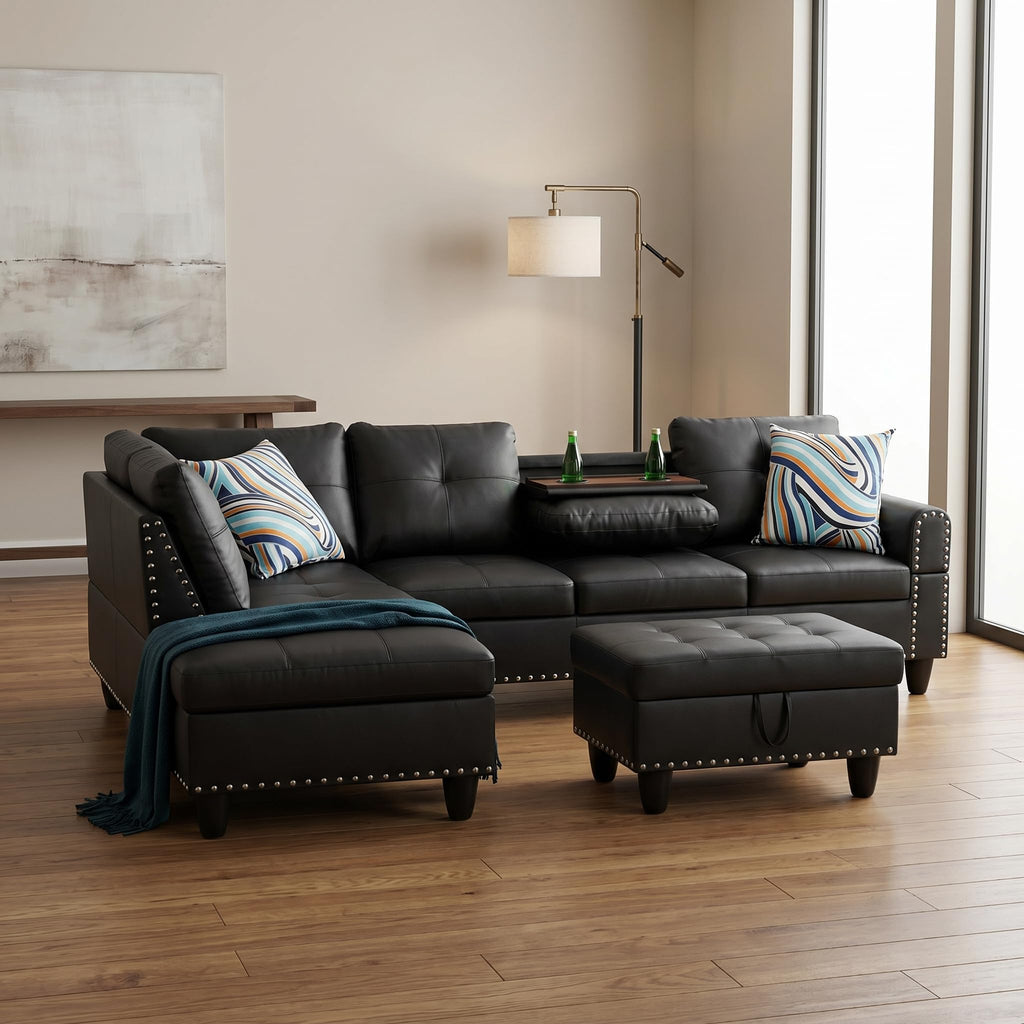 Leather L-Shaped Couch Set, 97.5"L x 69.5"W Sectional Sofas Black
