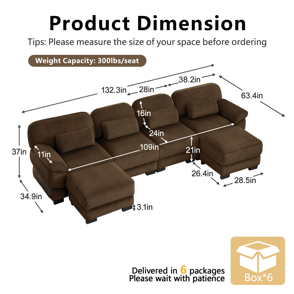 132'' Modular Sectional Sofa, 6-seat U-Shaped Cloud Couch for Living Room