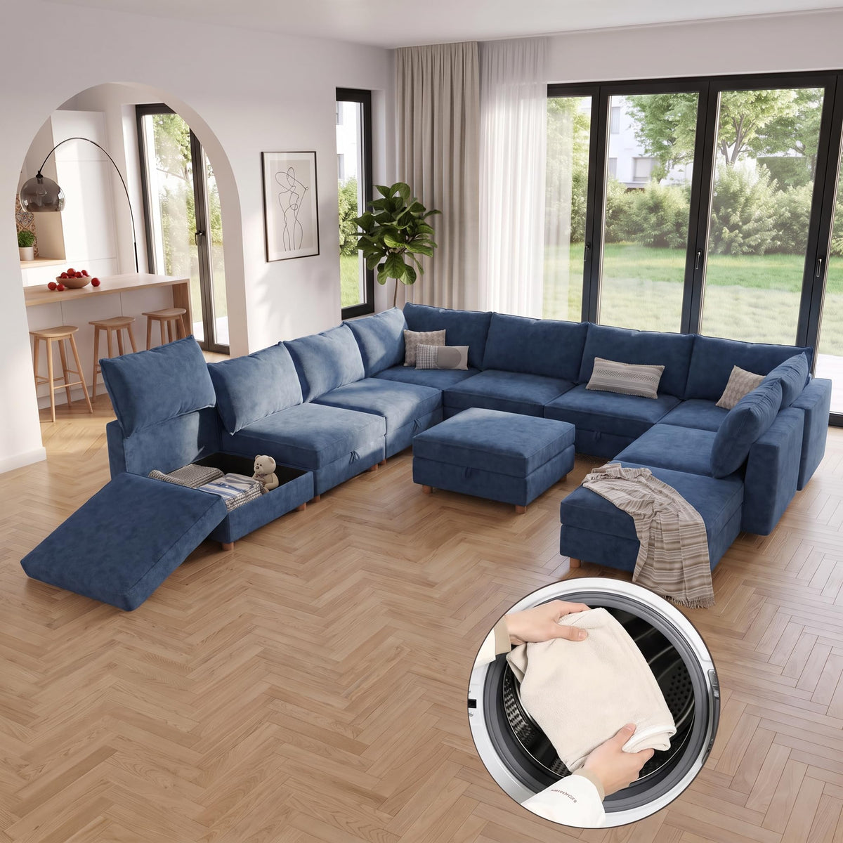 128'' Modular Sectional Sofa with Storage & Washable Covers, Convertible U/L Shaped Couch with Ottoman, 8-Seat Chenille Sectional Sleeper Sofa, Modular Sectional Sofas for Living Room,Orange
