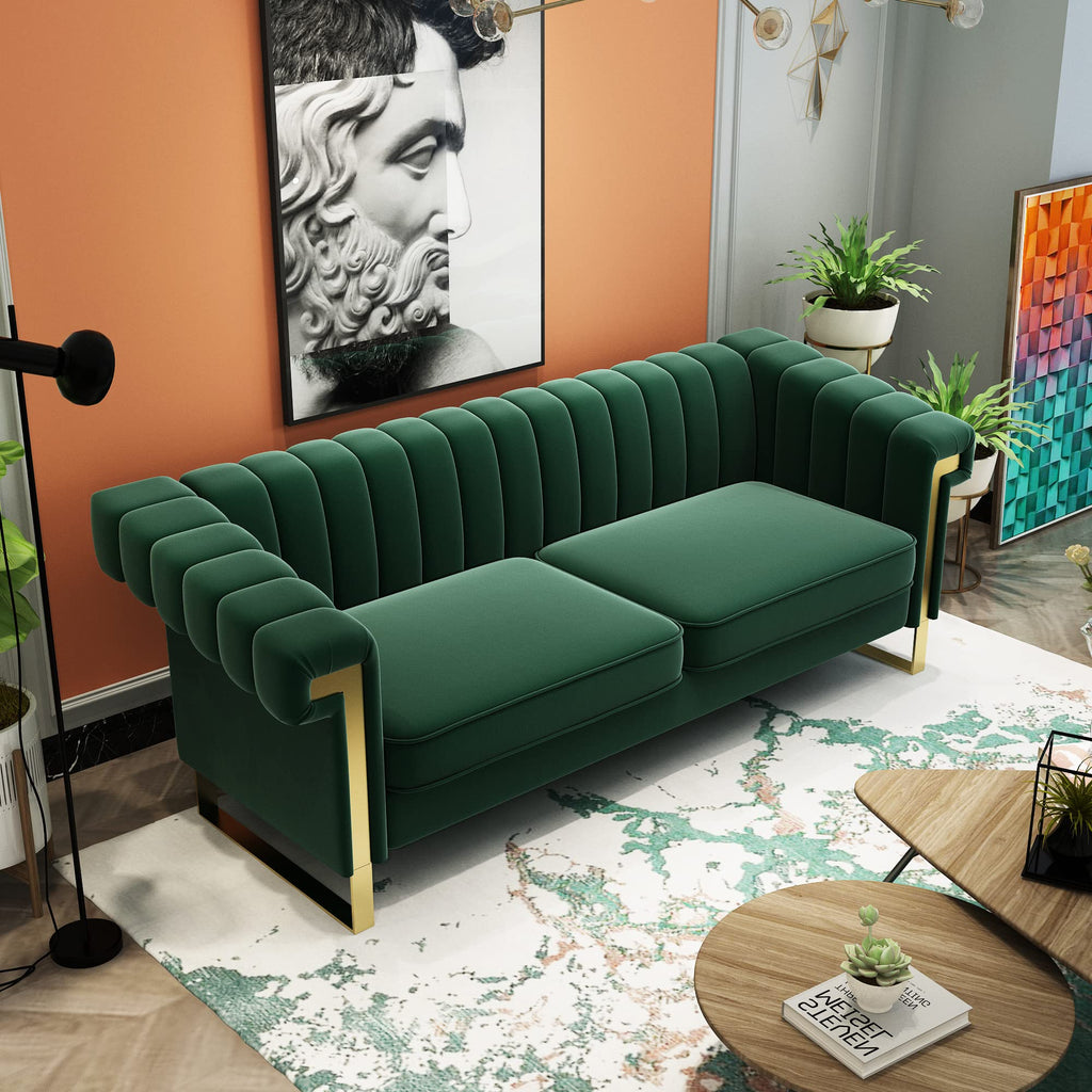 Tomkate 84" Chesterfield Sofa, Modern Velvet 3-Seater Couch with Gold Metal Legs & Removable Cushions, Upholstered Comfy Sofa with Stainless Steel Base for Living Room, Bedroom, Office (Green)