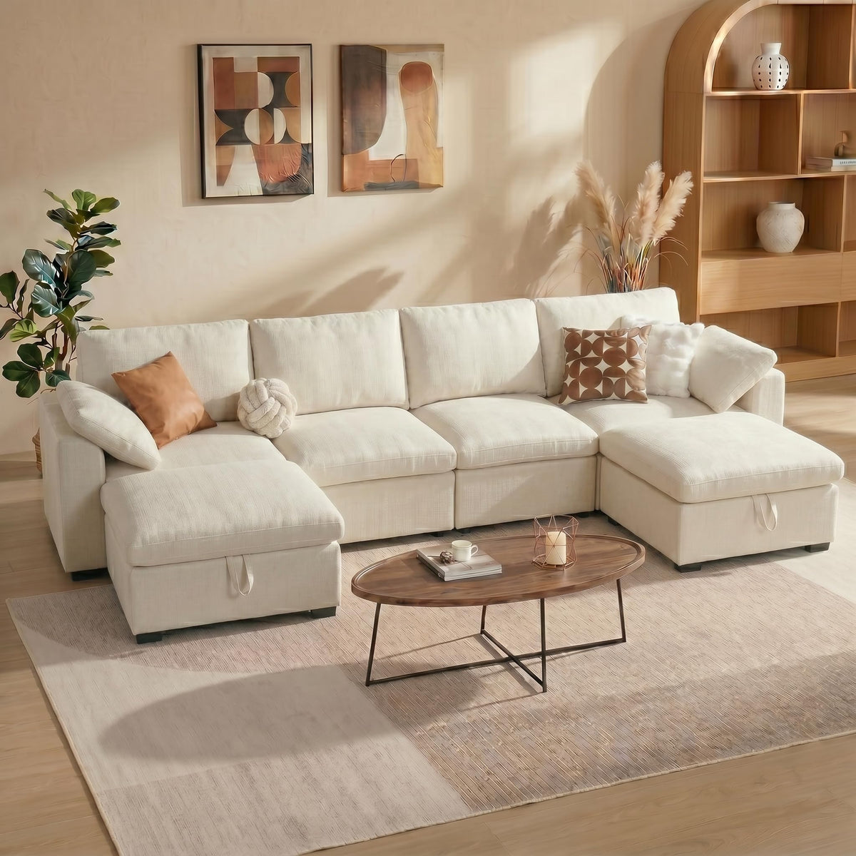 WEUP 160" Oversized Cloud Modular Sectional Sofa for Living Room, U Shaped Cloud Couch with Storage Ottoman, Down-Filled Wide Deep Seat, Solid Wood Frame, Tool Free Assembly, Beige