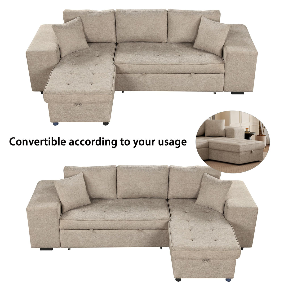 104.5" Sleeper Sectional Sofa Bed, L-Shaped Pull Out Couch