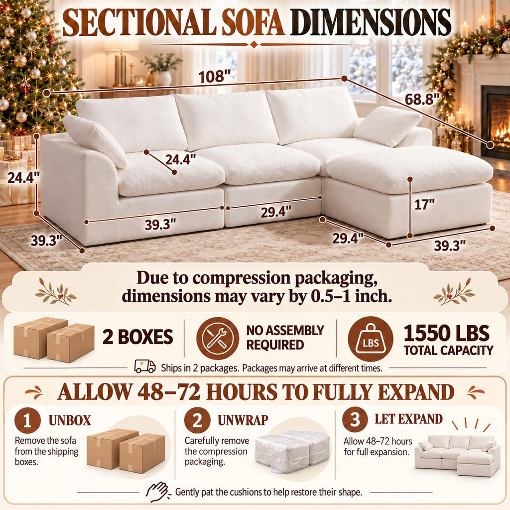 108" Boneless Cloud Couch, Modular L-Shaped Sectional with Ottoman, Beige