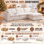 108" Boneless Cloud Couch, Modular L-Shaped Sectional with Ottoman, Beige