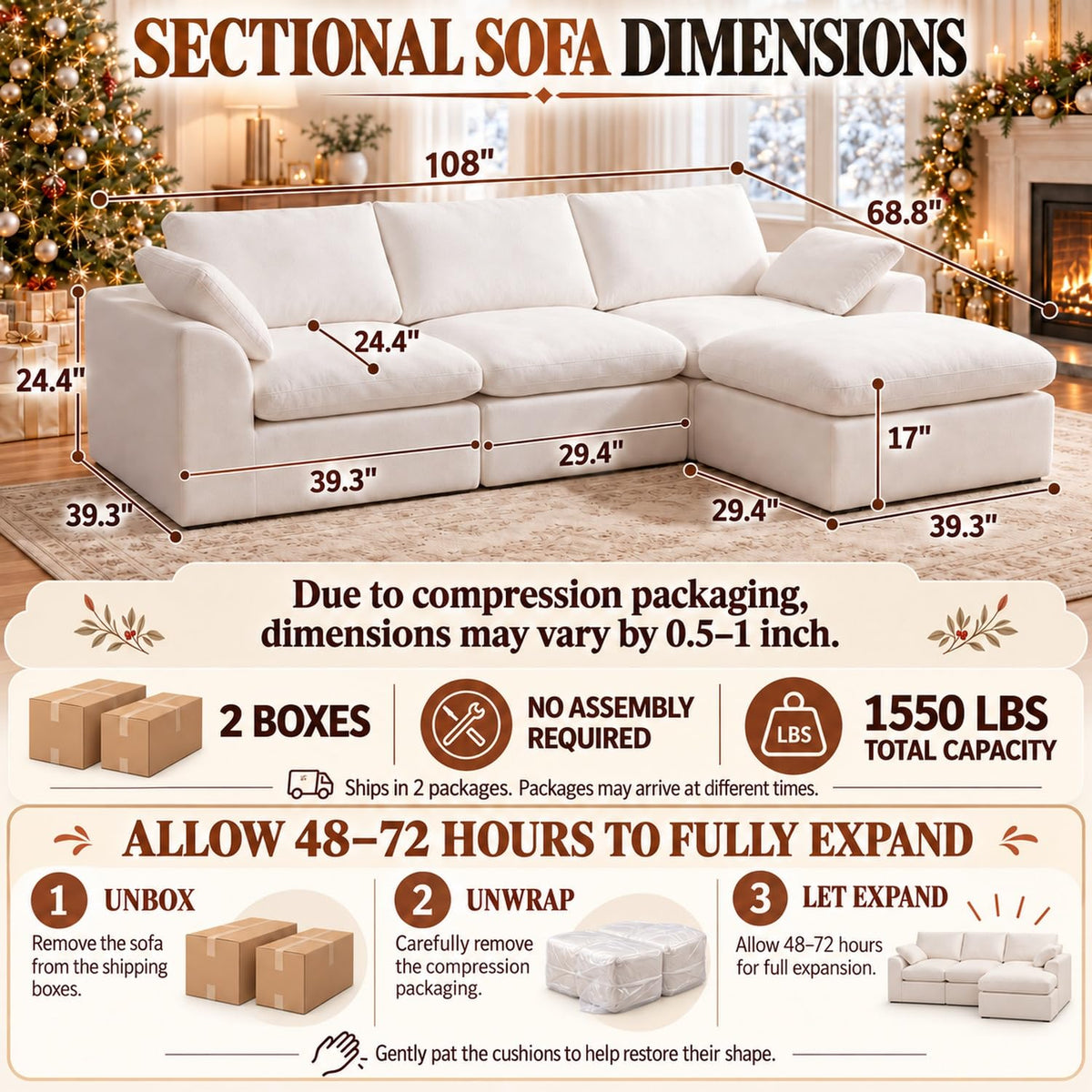 108" Boneless Cloud Couch, Modular L-Shaped Sectional with Ottoman, Beige