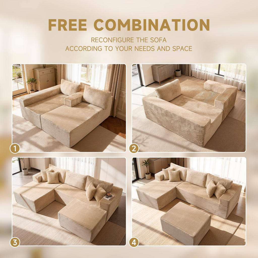 108" Modular Cloud Sofa, High-Density Foam Sectional Couch, Oversized Convertible U-Shaped Sofa Bed with Plush Fabric, Deep Seats, Wide Armrests, Boneless Couches for Living Room, Beige