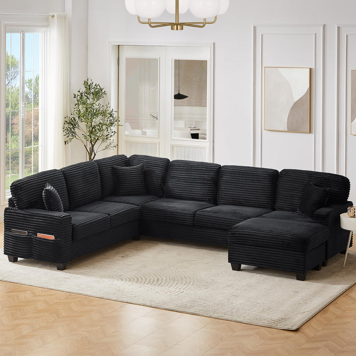 125.2" Sectional Sofa U-Shaped Upholstered Sofa L-Shaped Couch with a Movable Ottoman and Side Storage Pockets for Living Room, Black