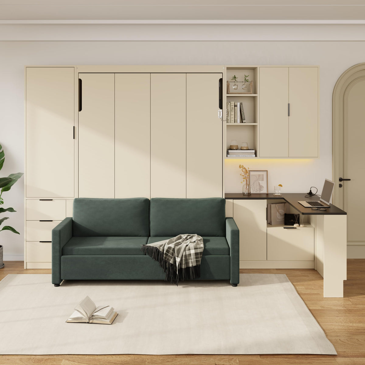 Twin Size Murphy Bed with Open Shelving, Sofa Front and Printed Panel