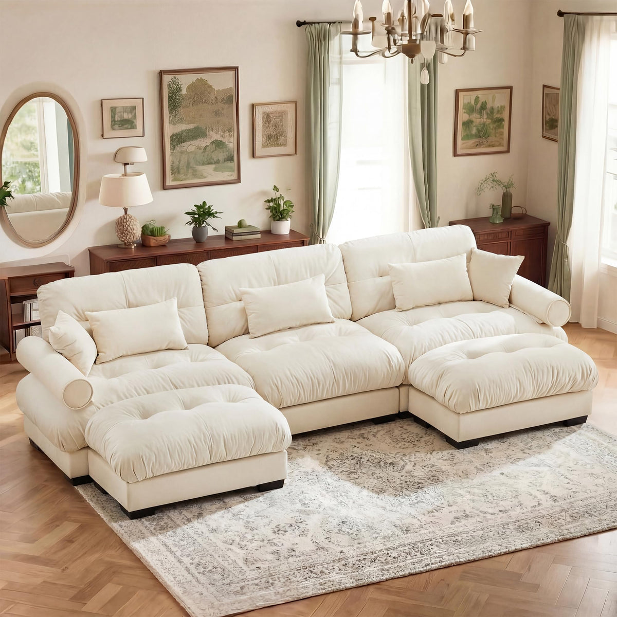 130" Cloud Couch, Oversized 3-Seater Couch with Ottomans and Pillows, Deep Seat L Shaped Sofa, Comfy Velvet Fluffy Sofas Modular Sectional Couches for Living Room (Blue, 3 Seat + 1 Ottoman)