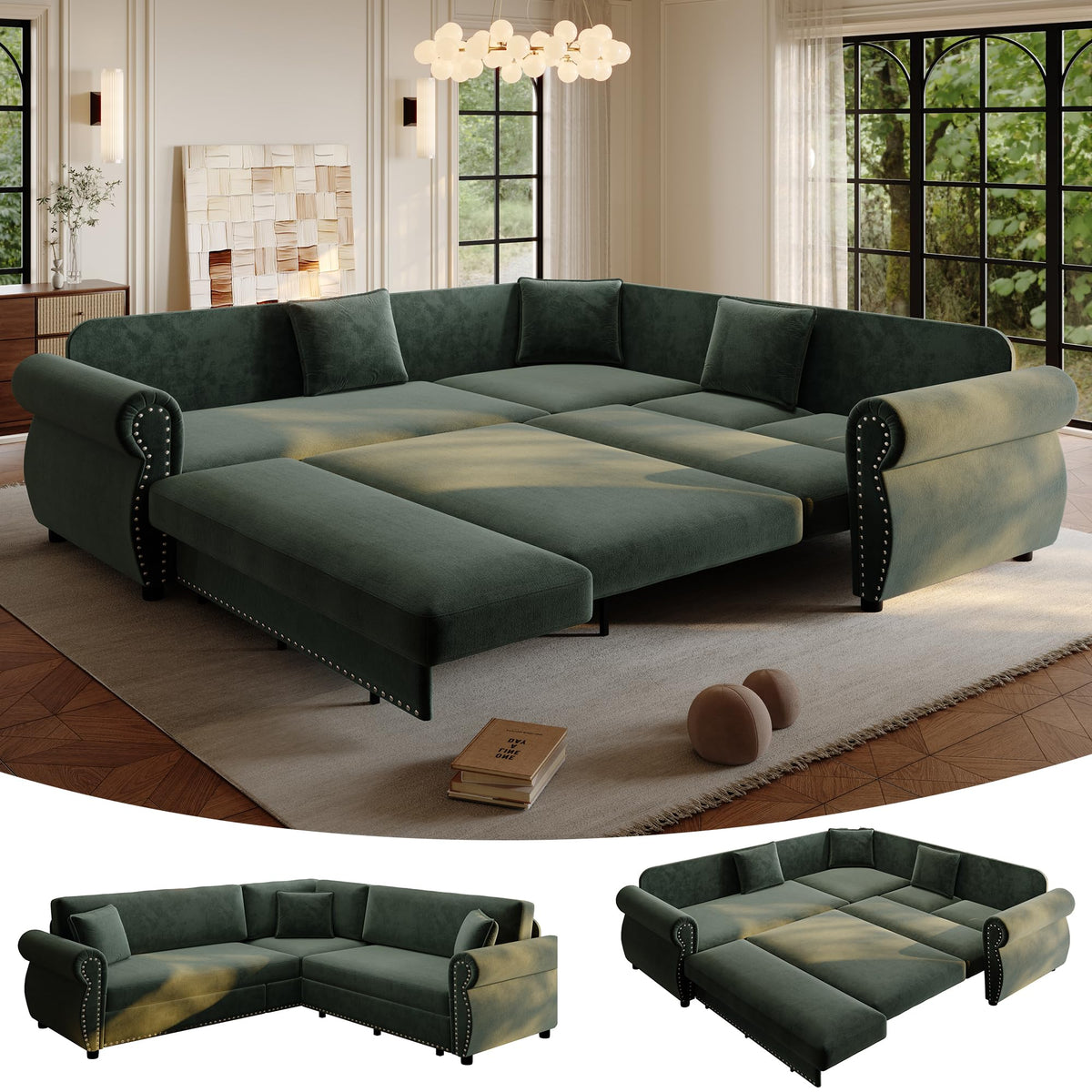 118" Oversized Sleeper Sofa with Pull Out Bed, Chenille L Shaped Convertible Sectional Sleeper Couch with Nailhead Trim & Rolled Arm, 6-Seater Couches for Living Room, Blue