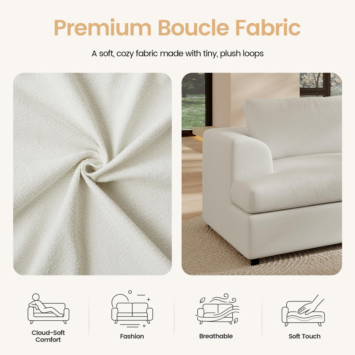 118" V Shape Sectional Sofa Couch, Modern Modular Boucle Cloud Couch with Flexible Layout, Oversized Comfy Upholstered Modular 5-Seats Sectional Couch, White