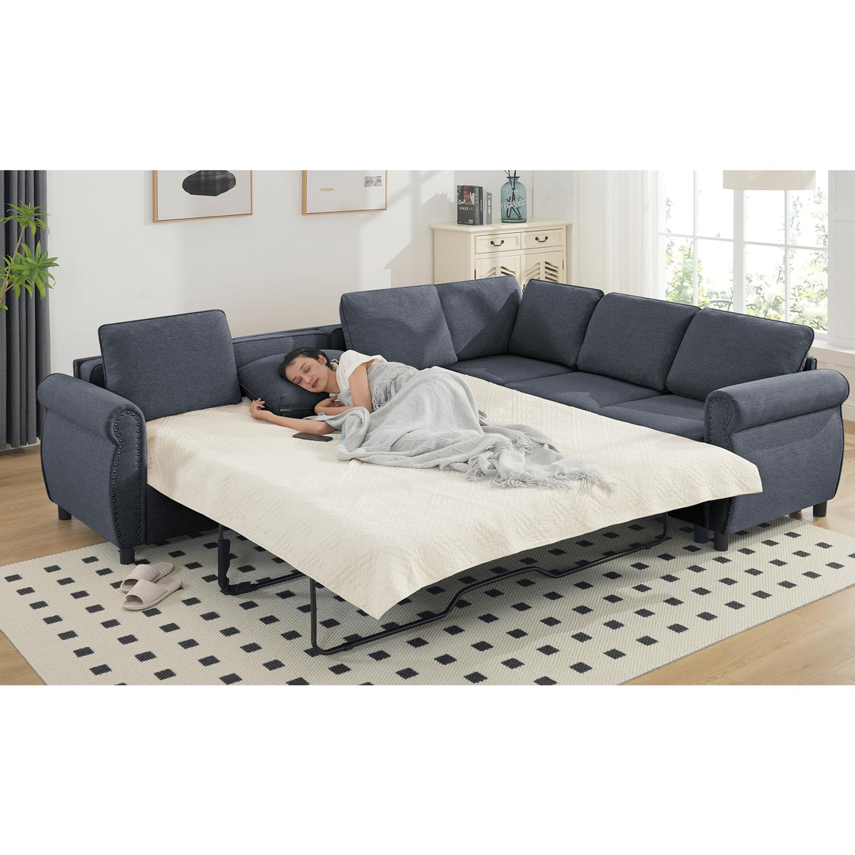 106.5" Pull Out Sofa Bed,L Shaped Modular 4 Seater Couch,2-in-1 Sleeper Sofa,Wireless Charging, USB Charging Ports,Memory Foam Mattress,Storage Space