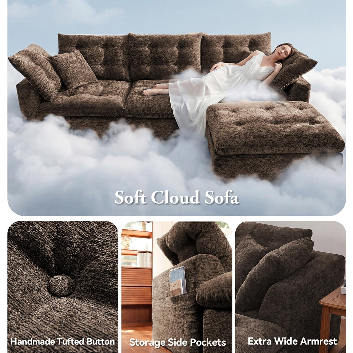110" Living Room Sofa Set, Chenille Tufted Couch and Loveseat Sets for Living Room, Modular Sectional Boneless Couch with Ottoman & Throw Pillows, Brown