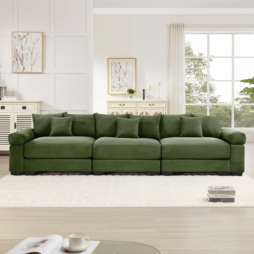 130" Oversized Modular 3-Seater Sectional Sofa, Cloud Corduroy Fabric with Extra-Thick Armrests, Ergonomic Deep Seat Couch for Living Room, Easy Assembly Sofas for Living Room(Cream)