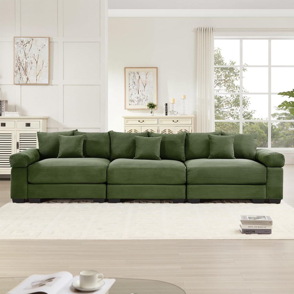 130" Oversized Modular 3-Seater Sectional Sofa, Cloud Corduroy Fabric with Extra-Thick Armrests, Ergonomic Deep Seat Couch for Living Room, Easy Assembly Sofas for Living Room(Cream)