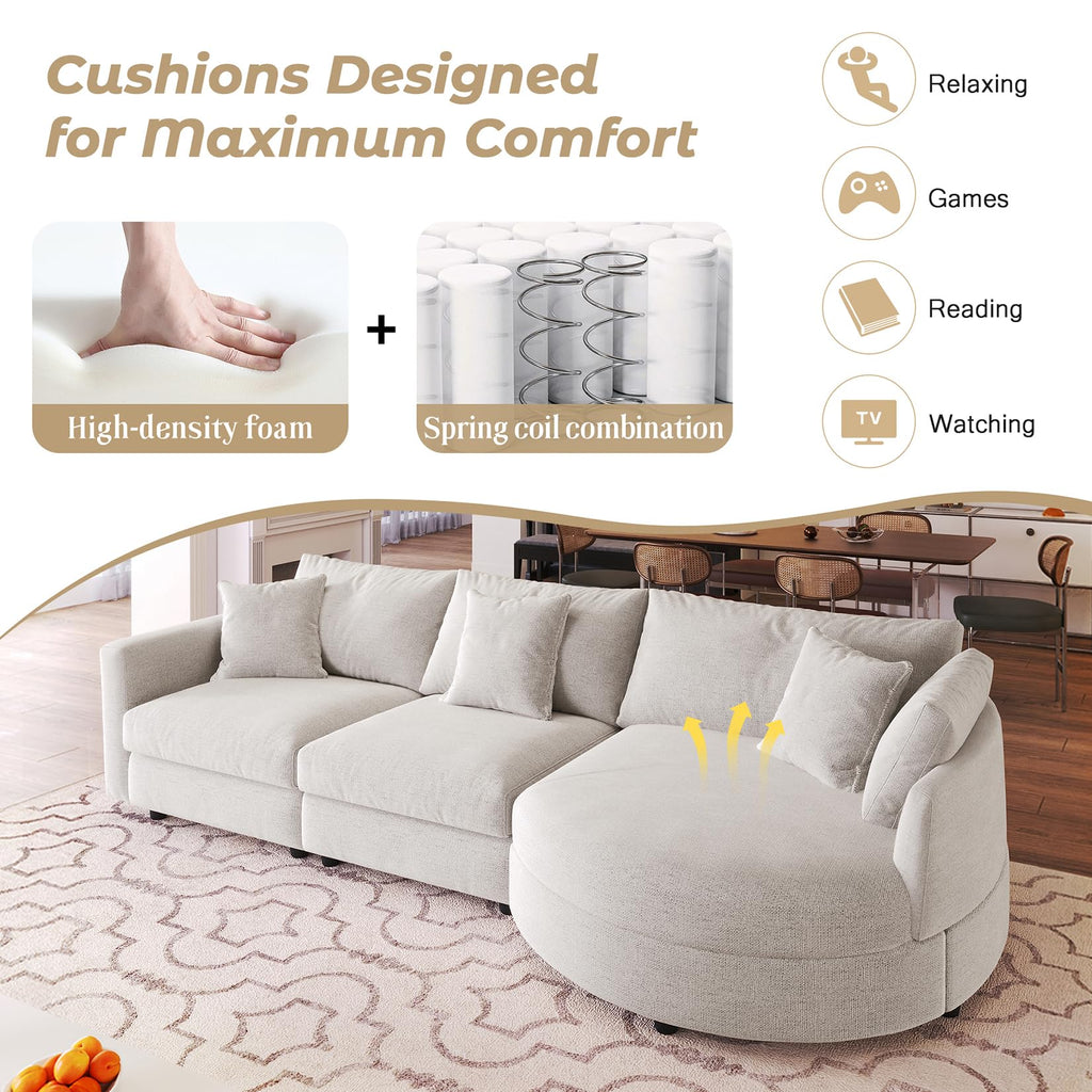 107" 3-Piece Chenille Sectional Sofa with Curved Chaise, Solid Pine Wood Frame & Compressed Foam Cushions, Modern L-Shaped Couch for Living Room/Office, Includes 3 Throw Pillows, Easy Assembly