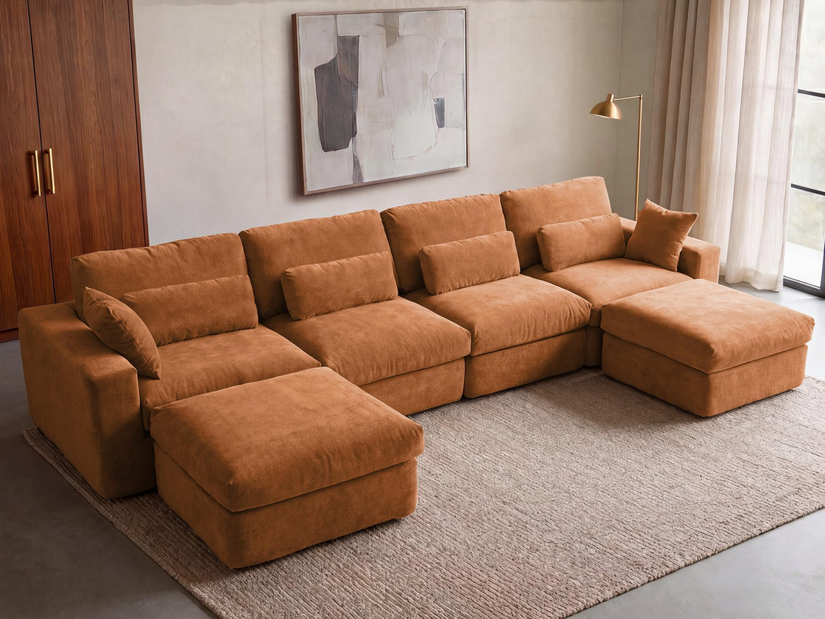 WEUP 160" Oversized Modular Sectional Sofa, Boneless Couch for Living Room, Modern Comfy U Shaped Cloud Couch Sectional with Movable Ottoman, Lumbar Pillows, 26.8" Extra Deep Seat, Terracotta Orange