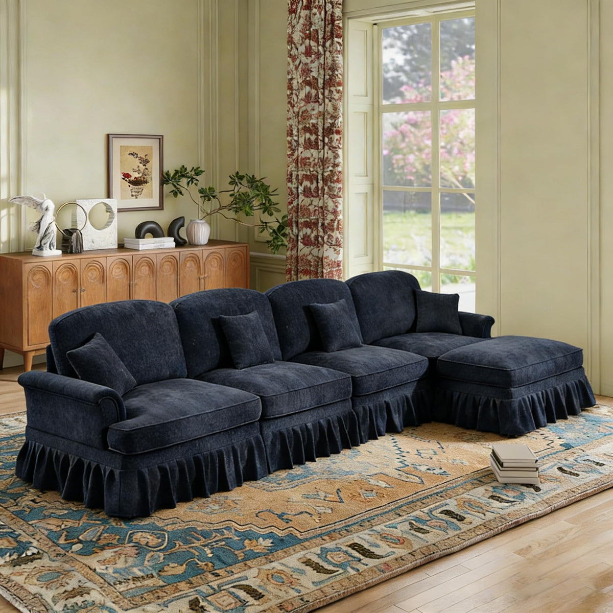 107'' Modern Sectional Sofa, Upholstered U-Shaped Couch with Removable Ruffles Pleats Skirts, Silver Chenille Cloud Couch, Ottoman, Flared Arms, 4-Seat Couches for Living Room, Bedroom, Camel