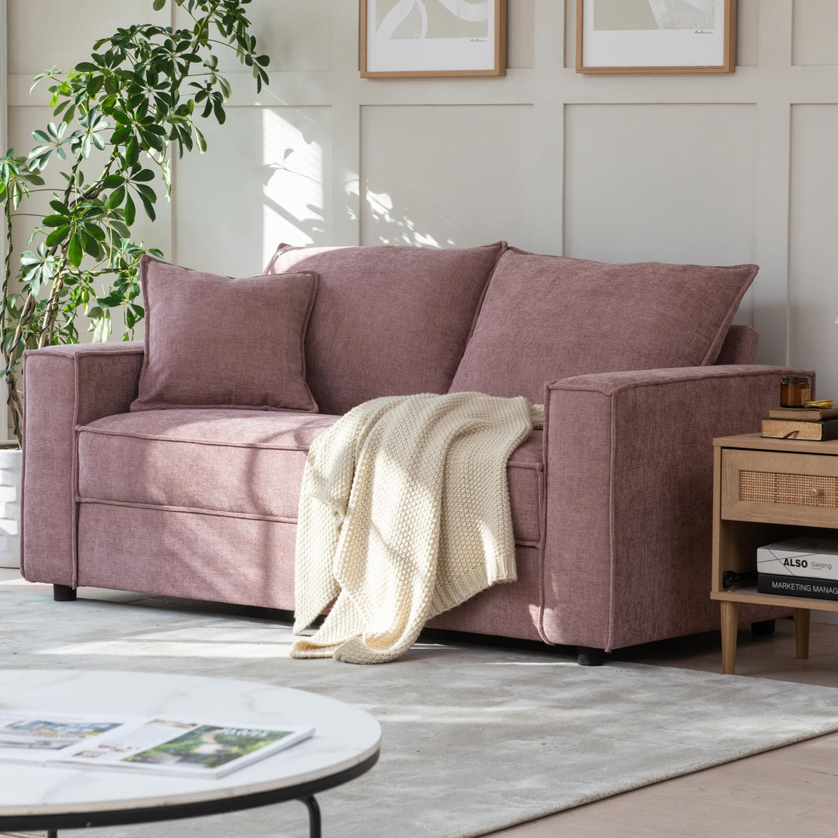 YUHUASHI Square Loveseat Sofa,Linen Fabric Upholstered Couch，Pink