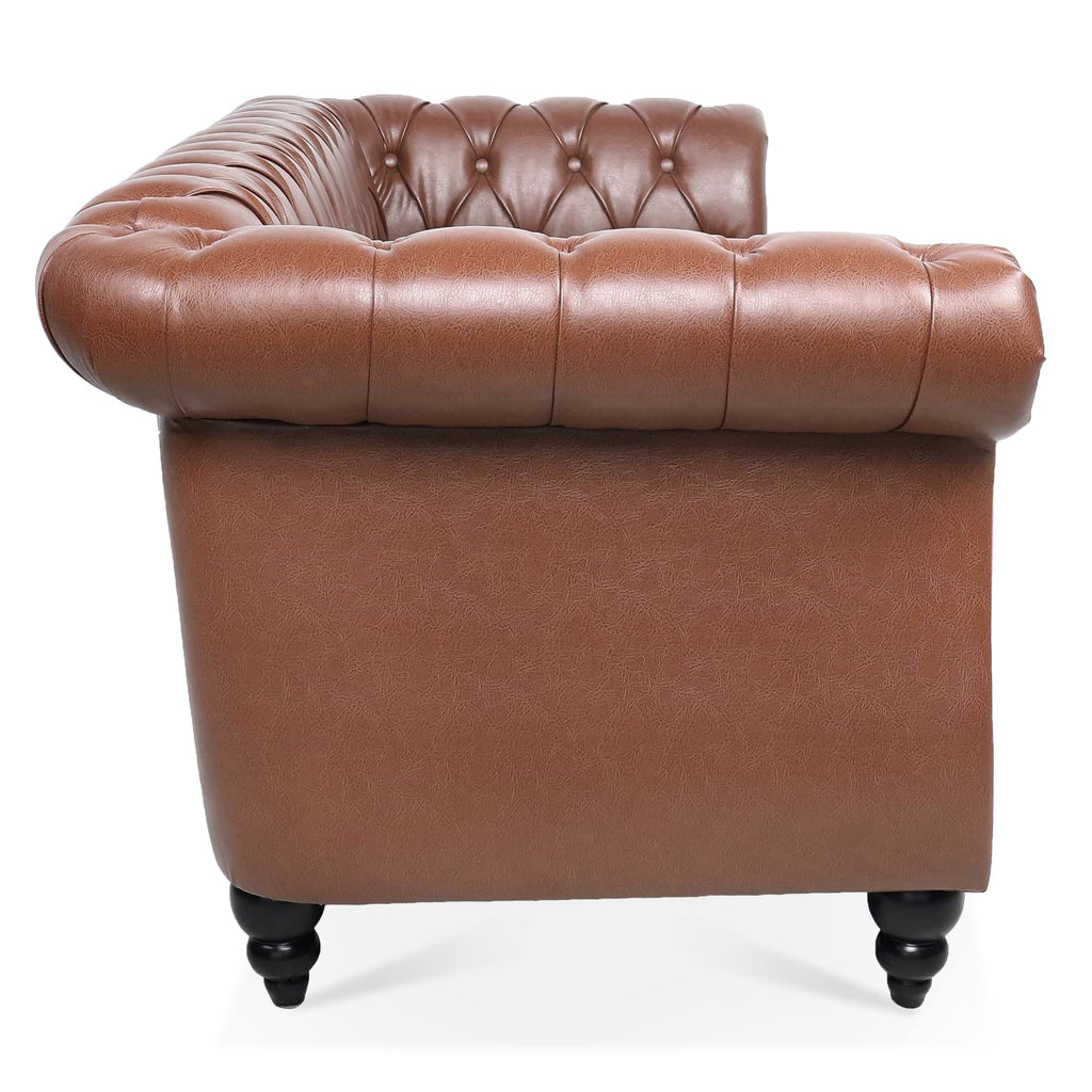 Tidyard 84.6? Brown PU Leather Rolled Arm Chesterfield Three Seater Sofa, Staggered Tufting, Solid Wood Frame, Pocket Spring Cushion, Birch Legs, 660 lbs Capacity