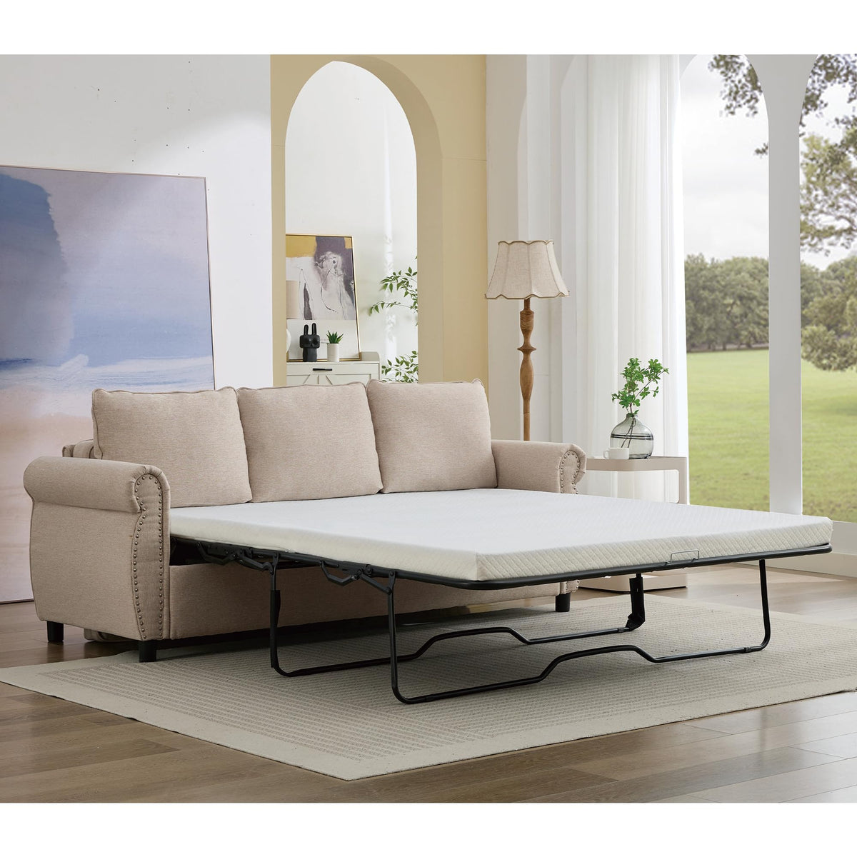 106.5" Pull Out Sofa Bed,L Shaped Modular 4 Seater Couch,2-in-1 Sleeper Sofa,Wireless Charging, USB Charging Ports,Memory Foam Mattress,Storage Space