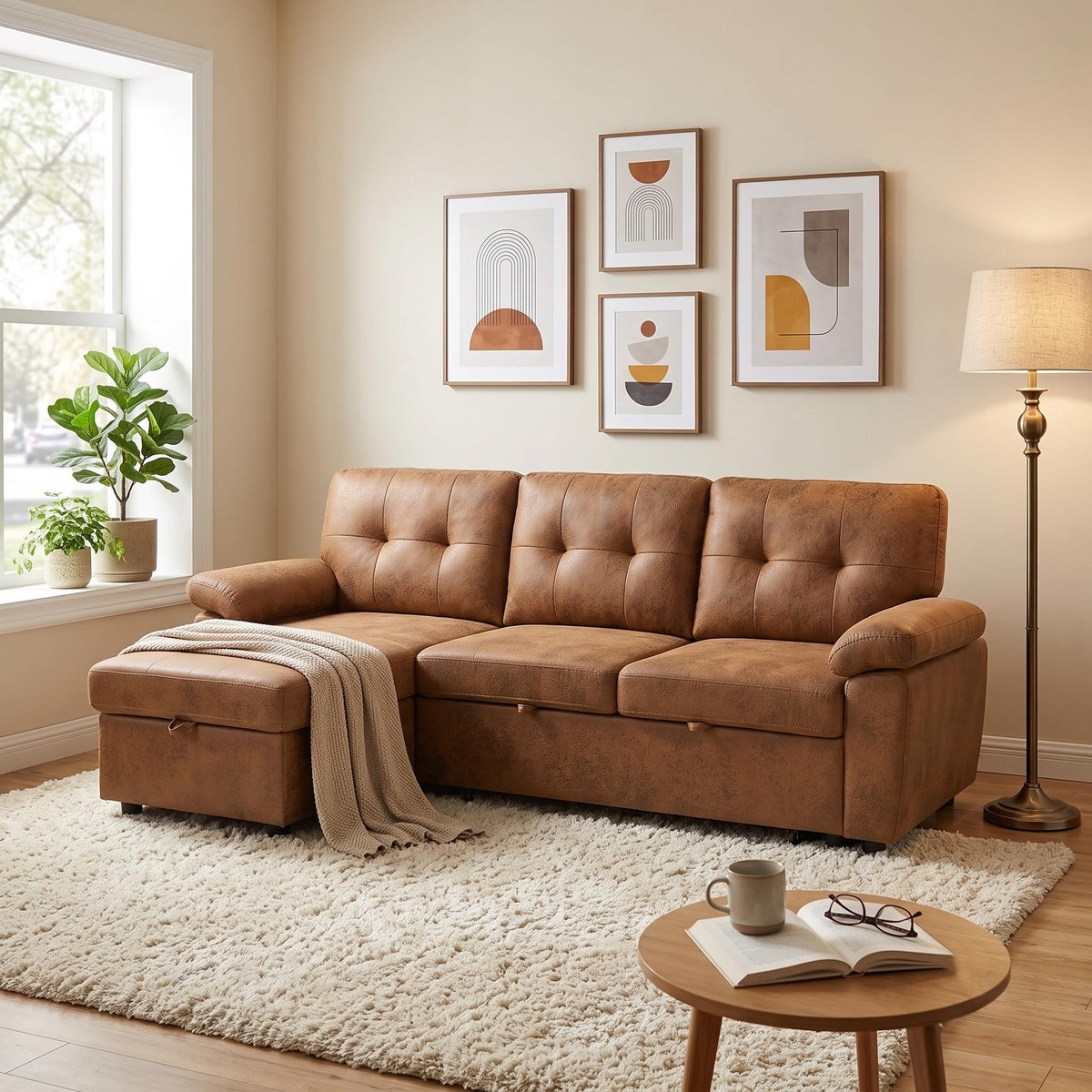 Tufted Sectional Sleeper Sofa Pull Out Couch Bed Modern Corner Couch