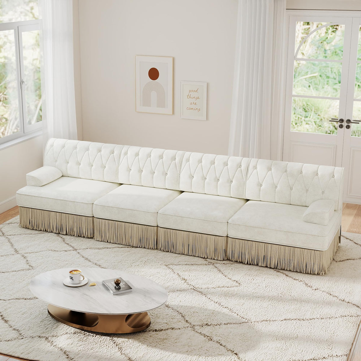 Unique Chesterfield Style Modular Sectional Sofa, 135.6” L-shaped Boneless Sofa with Velvet Fabric, Floor-grazing Tassel Fringe Skirt and Button Tufted Design for Living Room, Easy to Assemble, Beige