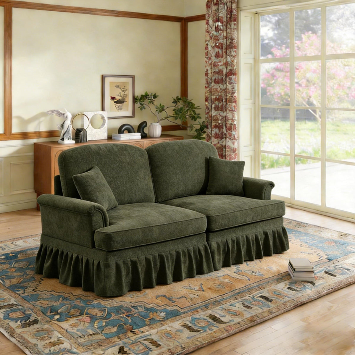 107'' Modern Sectional Sofa, Upholstered U-Shaped Couch with Removable Ruffles Pleats Skirts, Silver Chenille Cloud Couch, Ottoman, Flared Arms, 4-Seat Couches for Living Room, Bedroom, Camel
