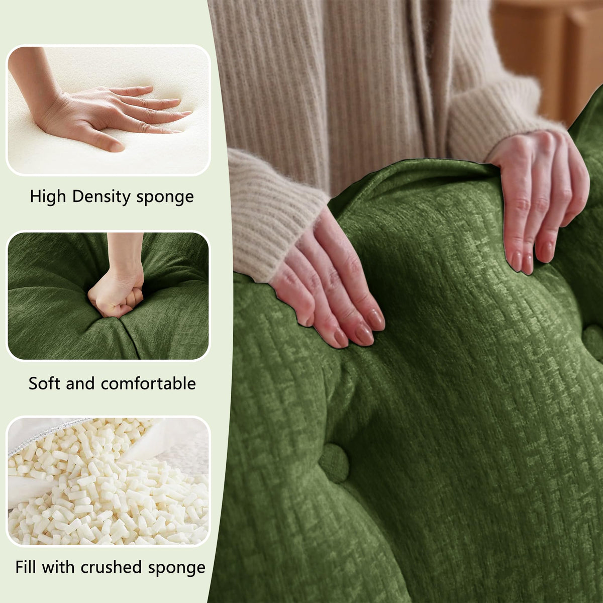 108'' Modular Sectional Couch, L-Shaped Chenille Cloud Sofa with Ottoman, Green Couch with Deep Seat for Living Room