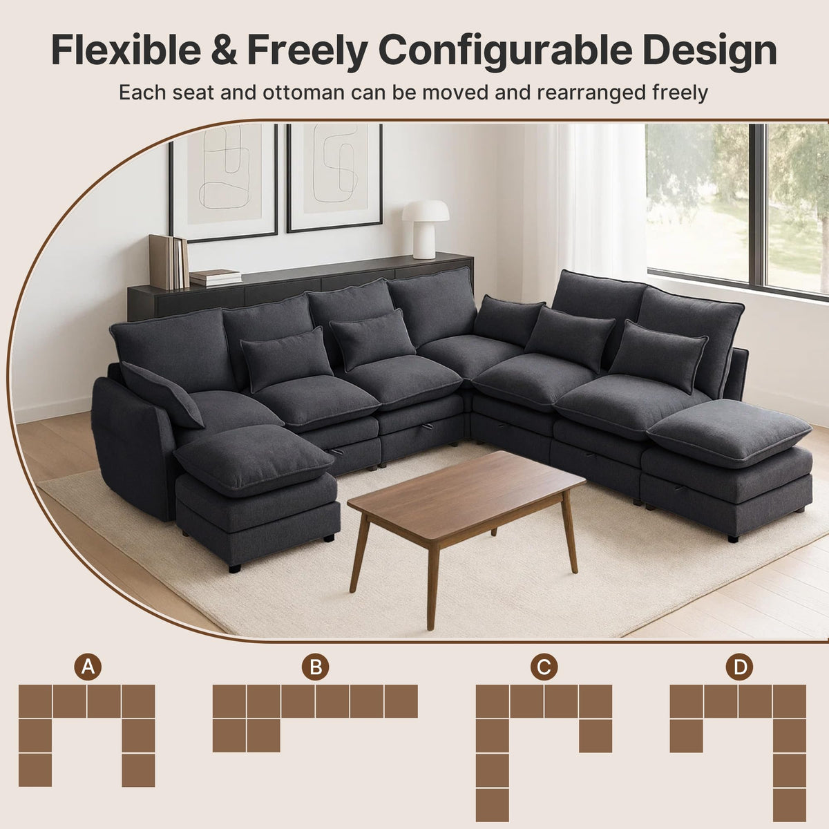114" Modular Sectional Sofa, Sectional Couches for Living Room, U Shaped Cloud Couch with Storage, Waterproof, Wide and Deep Seat, 6 Seats 2 Ottomans (Black)