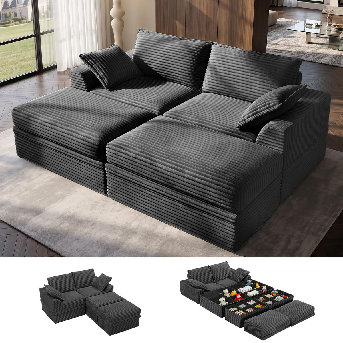 Upgraded Boneless Couch with Storage, 107" Modular Sectional Sofa Couches for Living Room, Extra Deep&High 3 Seater U-Shaped Boneless Sofa with Ottoman, Tool-Free Assembly, Black