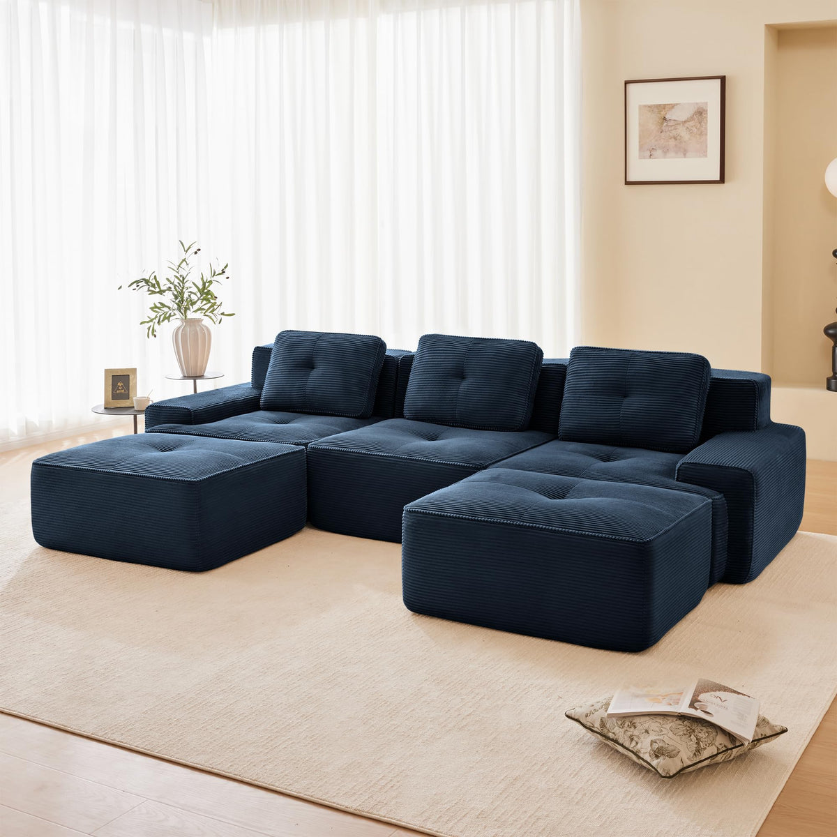 Tidyard 11? U-Shaped Modular Sectional Sofa for Living Room, Corduroy Fabric 3-Seater with Movable Ottoman, Deep Seat, Tufted Design, No Assembly Needed, Anti-Slip Base, Blue